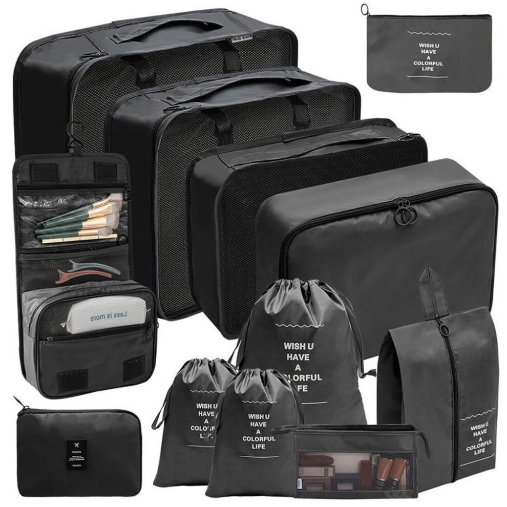 (black, 12pcs) 12-pieces/set Travel Storage Bag Portable Large Capacity Luggage Compartment Clothing Underwear Organizer Pouch With Zipper