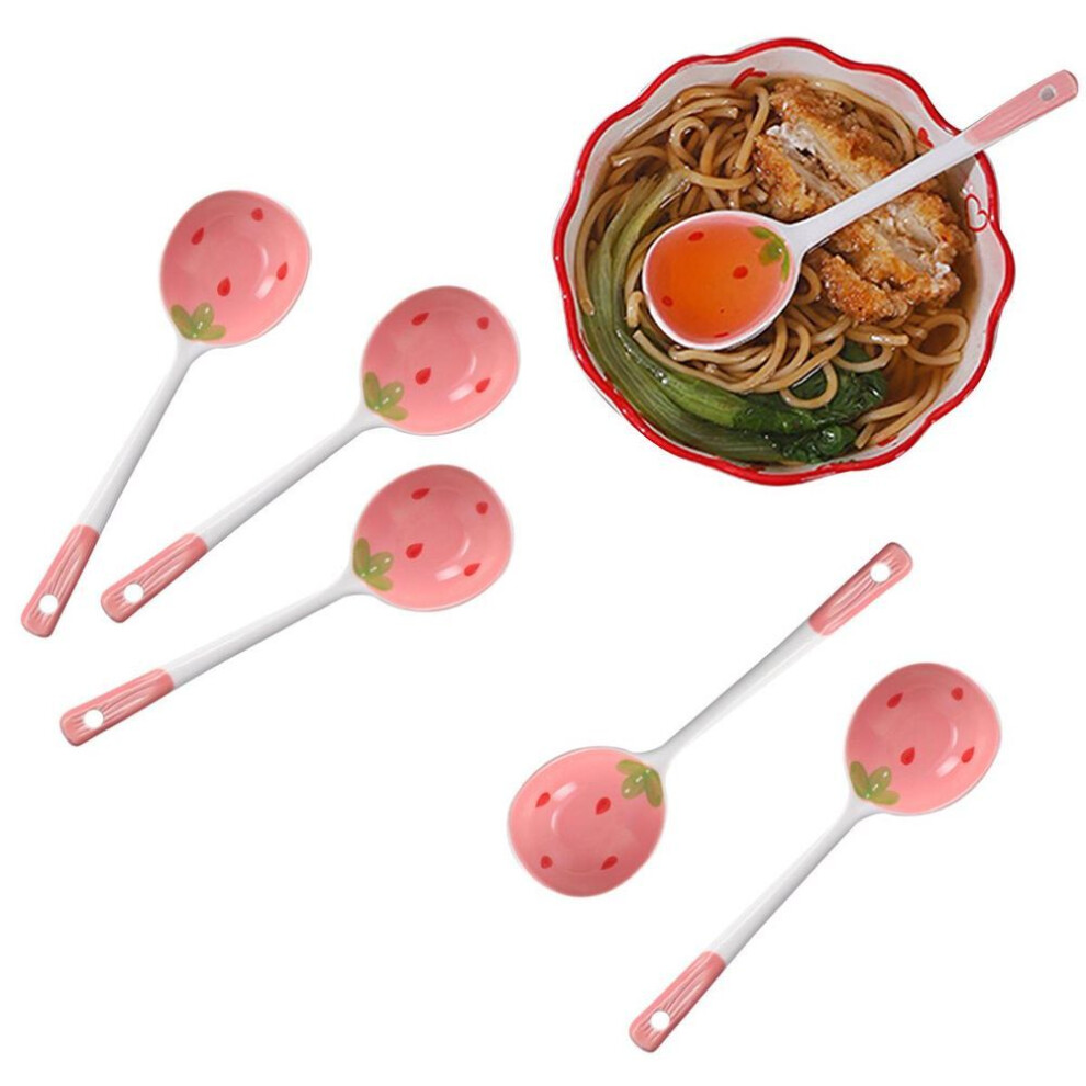 (as the picture) 1pc Cute Strawberry Ceramic Soup Spoon Ice Cream Hand Painted Coffee Dessert Long Handle Spoon Kitchen Tableware Accessories