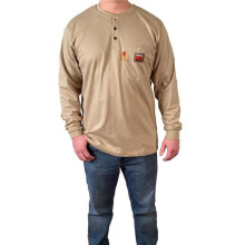 Comeaux Caps 118-19332FR-L-KH FR-Treated Henley Welding Welders Long Sleeve Work Shirt, Khaki - Large