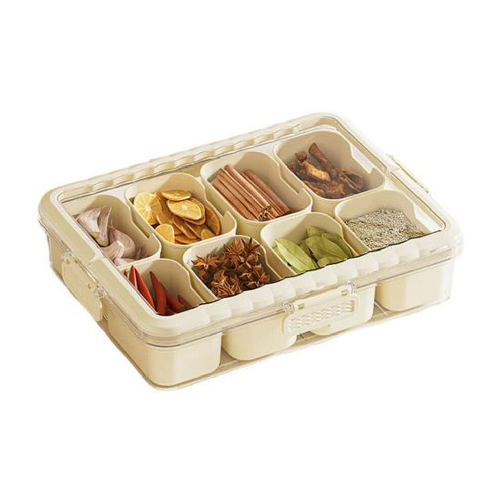 (yellow, 8Grid) Spice Organizer Box Storage Container with Handle Food Grade BPA Free Large Capacity Divided Serving Tray Condiment Holder