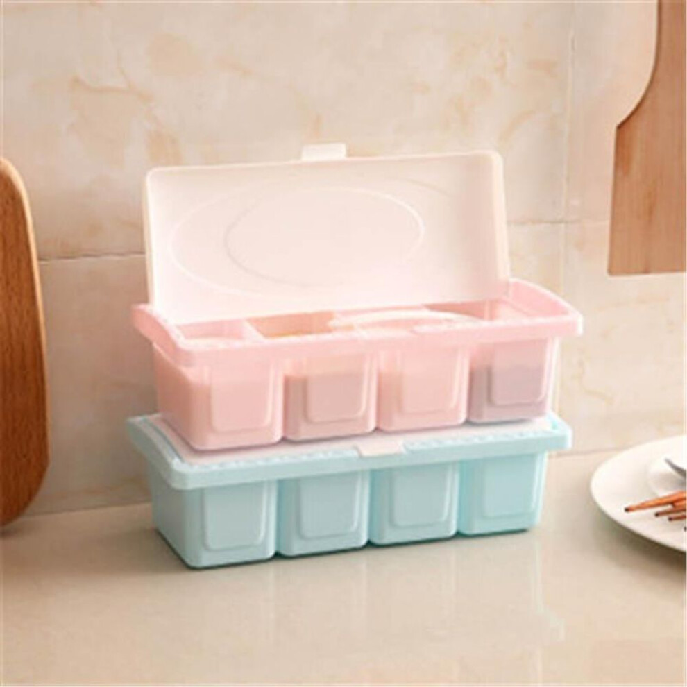 (blue) Plastic Seasoning Box Set Kitchen Supplies Four Grid Seasoning Box Finishing Household Dustproof Spo