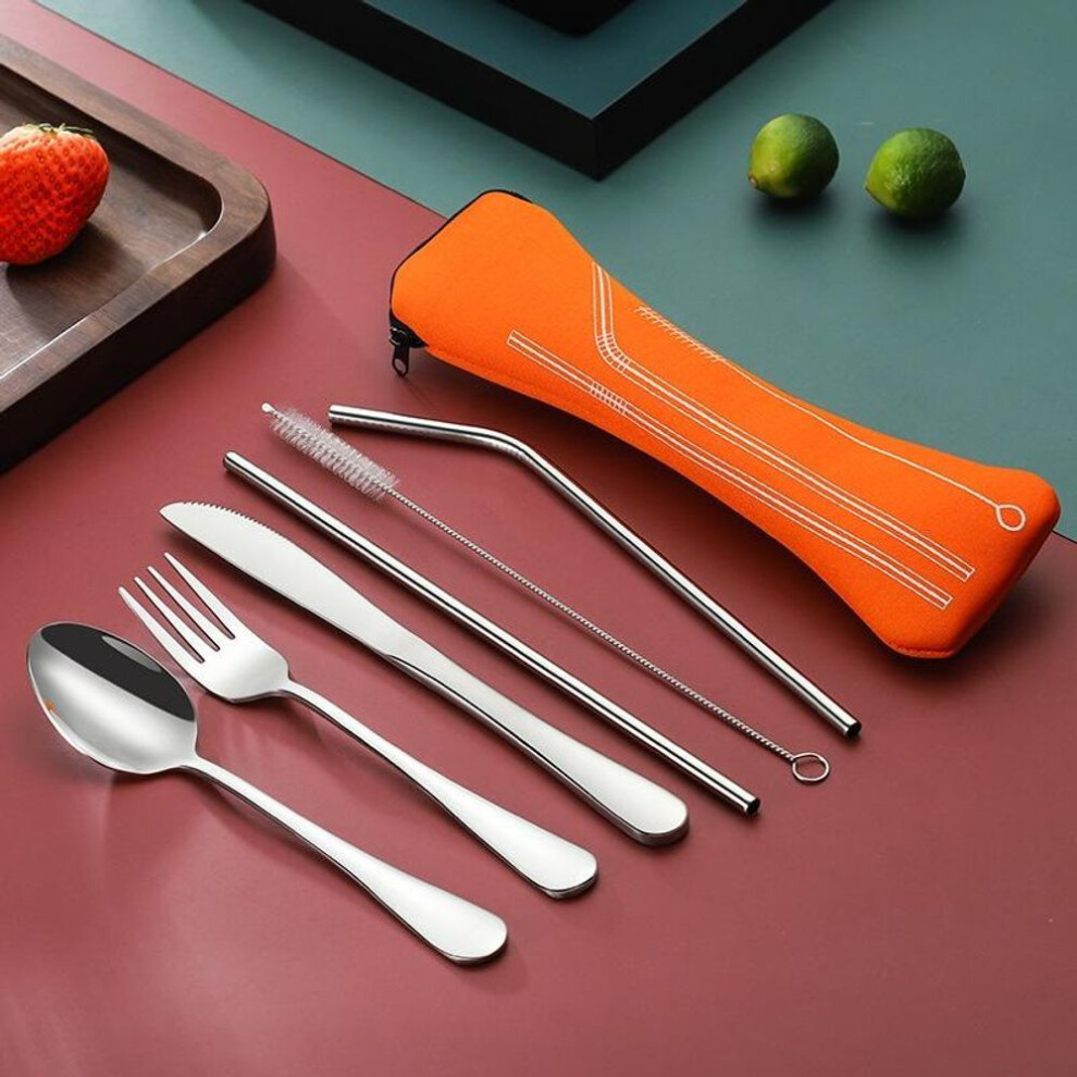 (red) 6pcs/set New Stainless Steel Metal Drinking Straw  Food Fork Knife Spoons Reusable Tablewares  ( Bag Included)
