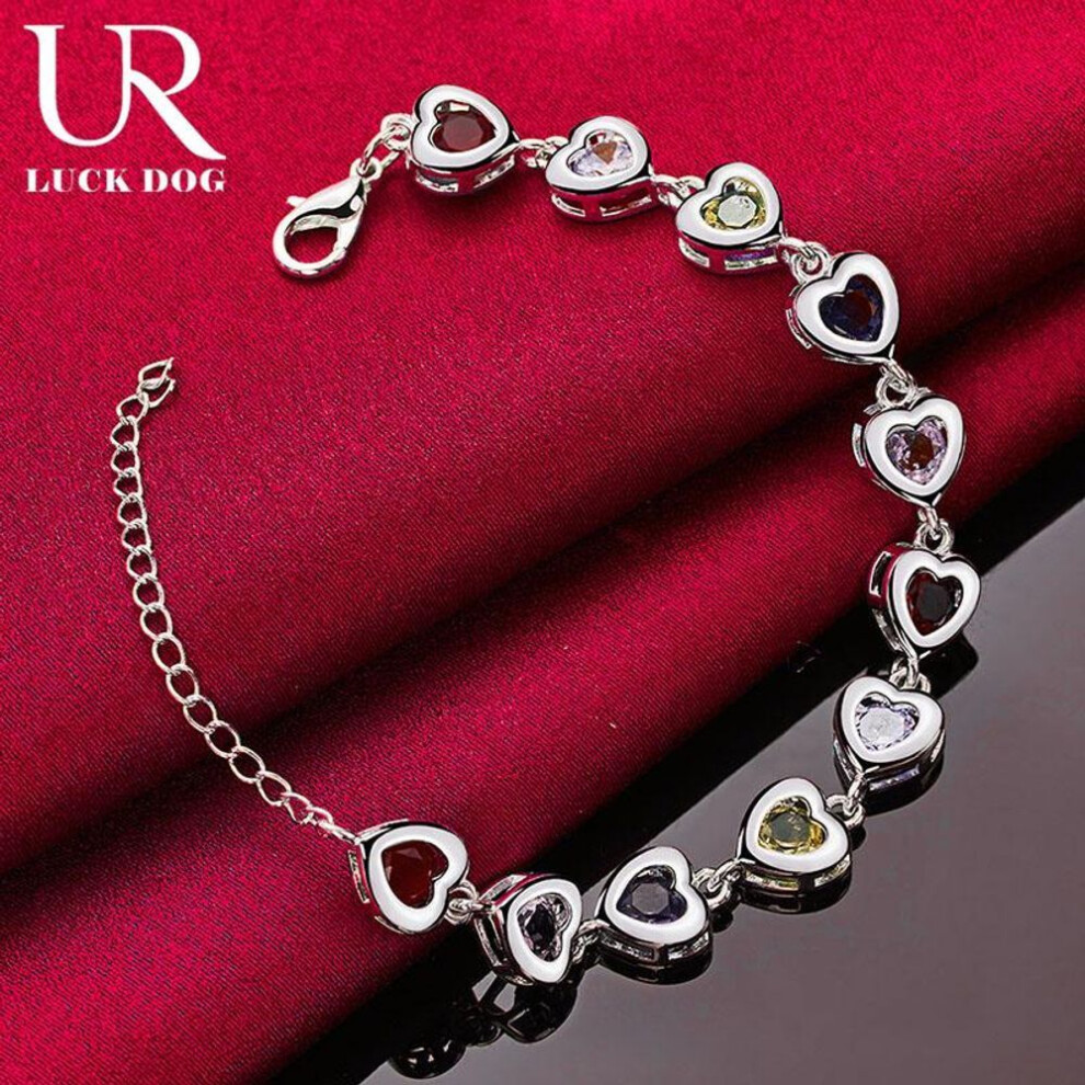 (20CM) 925 Sterling Silver Heart-shaped Inlaid Multi-color AAA Zircon Bracelet Fashionable Wedding Jewelry