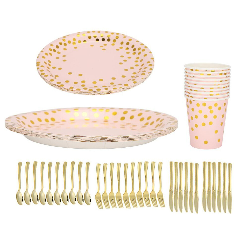 (Pink Bottom) 70Pcs Party Paper Plates Food Grade Materials Easily Use Save Time Elegant Golden Disposable Dinnerw