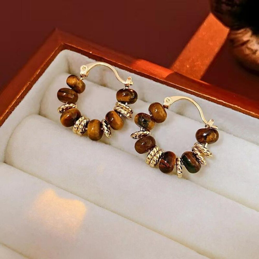 (gold) Retro Round Tiger Eye Stone Beads Hoop Earrings For Women Gold Color U-shaped Earrings Personality Jewelry Gift