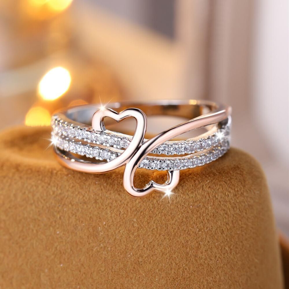 (9) Romantic Rose Gold Silver Color Rings For Women Double Heart Rings White Zircon Ins Infinity Wedding Bands Bridal Engagement Jewelry