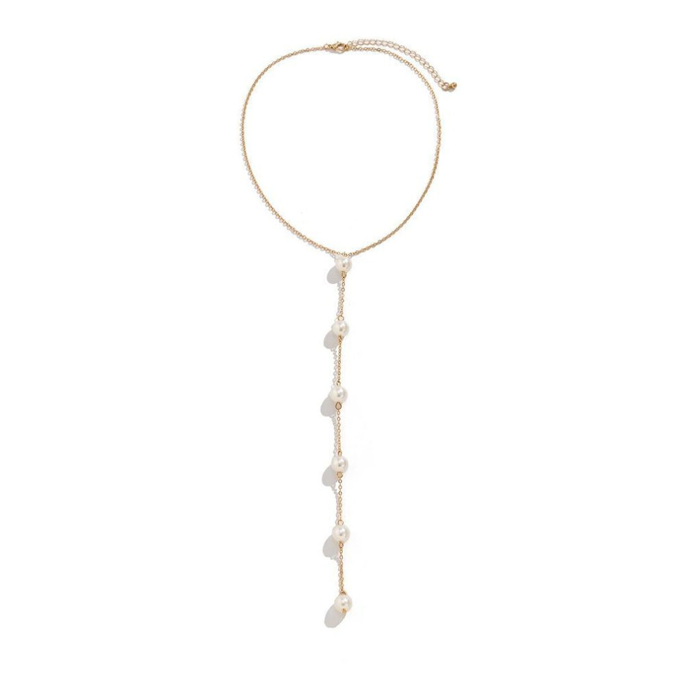 (gold) Temperament Fine Chain Metal Necklace for Women Simple Long Sexy Imitation Pearl Tassel Necklace JWLY