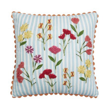 Peking Handicraft 24DD72C16SQ 16 x 16 in. Blue Stripe Floral Embroidered Poly Fill Hook Pillow, Multi Color