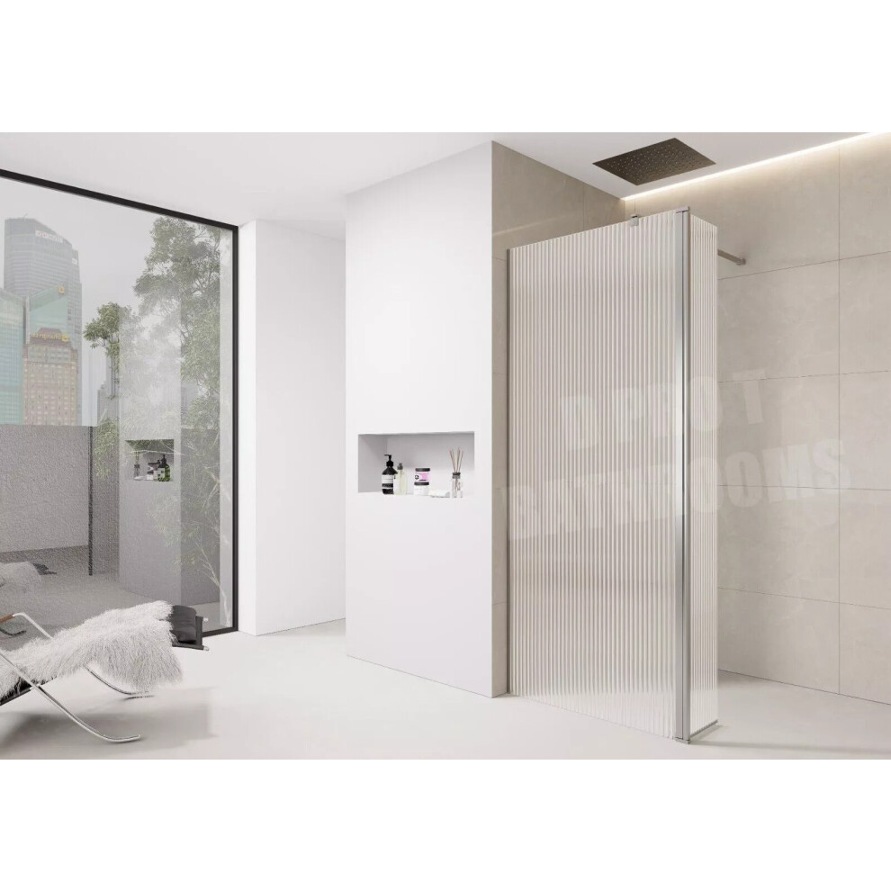 (900Mm Screen With 300Mm Flipper) Fluted Walk-In Shower Screen 8Mm Tempered Easy-Clean Glass With Chrome Trim 5061088200527