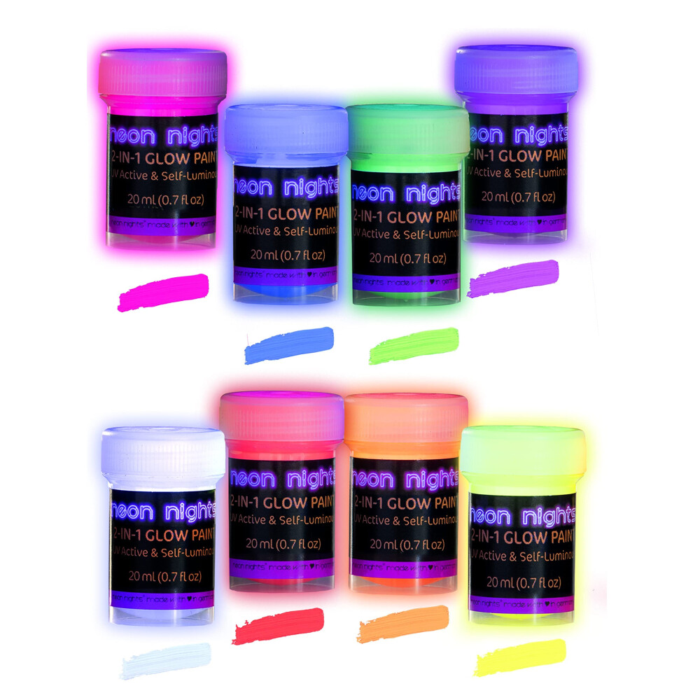 neon nights Glow in the Dark Paint - Pack of 8 Multi-Surface UV Paint