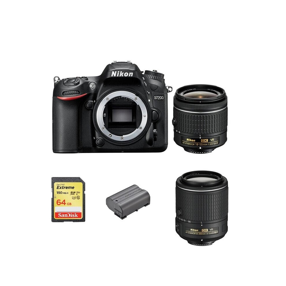 NIKON D7200+AF-P 18-55mm+AF-S 55-200MM+SanDisk Extreme 64G SD+EN-EL15B