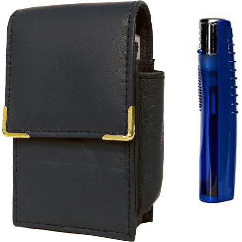 Leather Cigarette Case with Built-in Lighter Pocket & Ronson Slyda Gas Lighter (Colours Vary) – Adjustable for King Size & Superkings
