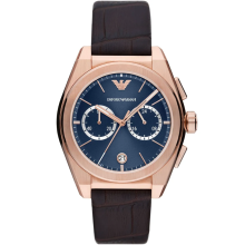 Emporio Armani AR11563 Federico Chronograph Watch - Blue Dial, Brown Leather Strap, 43mm, 50m WR, Stainless Steel, Quartz - ced-49636420419903