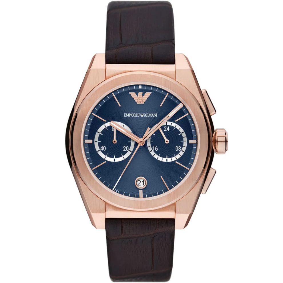 Armani Emporio Ar11563 Federico Chronograph Watch - Blue Dial, Brown Leather Strap, 43Mm, 50M Wr, Stainless Steel, Quartz - Ced-49636420419903