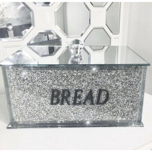 XL Silver Crushed Diamond Crystal Mirrored Bread Bin Container Kitchen