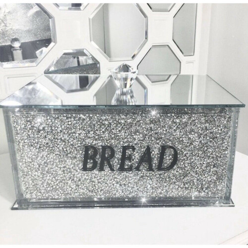 XL Silver Crushed Diamond Crystal Mirrored Bread Bin Container Küche