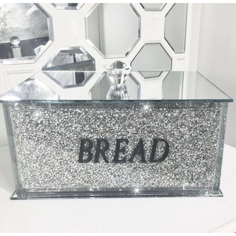 Touch Of Venetian Xl Crushed Diamond Crystal Mirrored Bread Bin Container Kitchen Silver