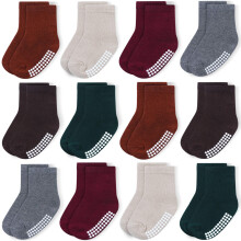 JAKIDAR Lot de 12 paires de chaussettes pour b b en coton pour tout-petits avec semelles antid rapantes Marron 4-7T