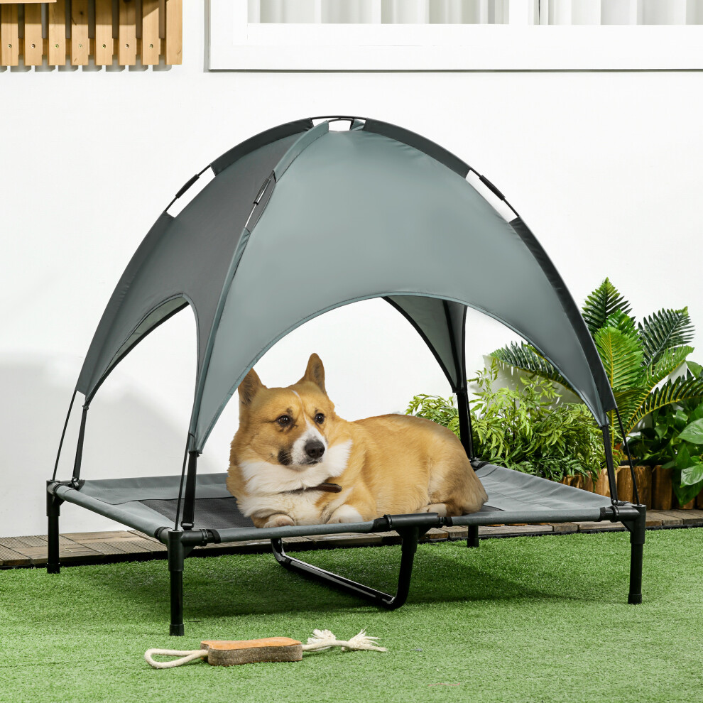 Pawhut 92Cm Elevated Dog Bed Cooling Raised Pet Cot Uv Protection Canopy Grey