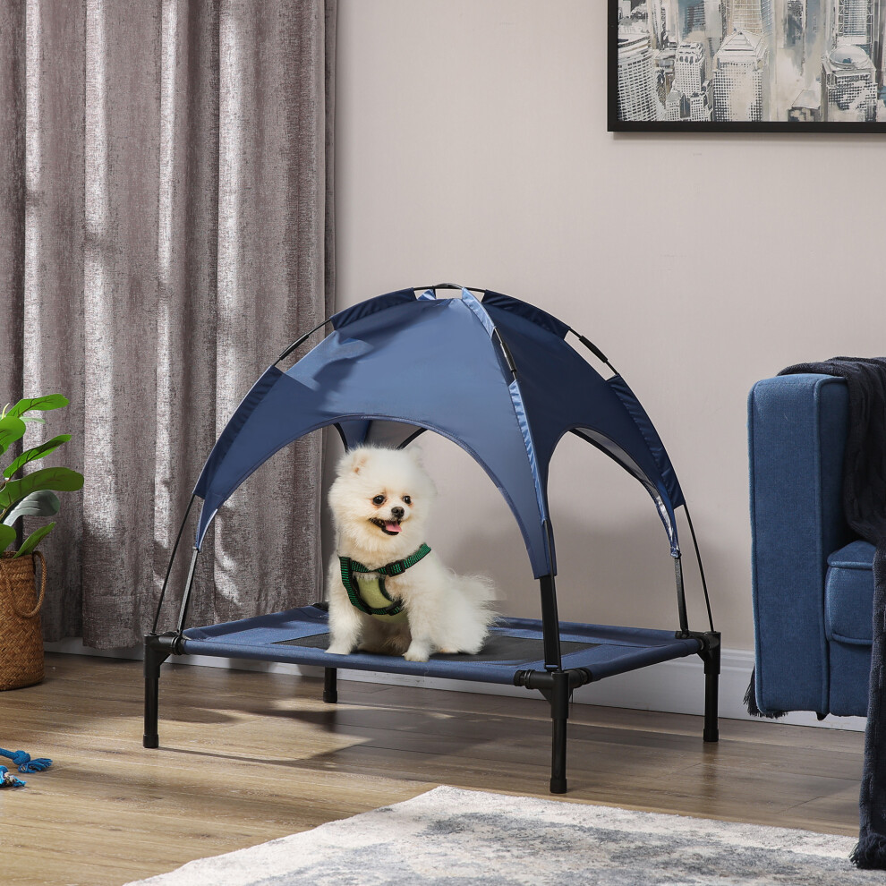 PawHut 76cm Elevated Dog Bed Cooling Raised Pet Cot UV Protection Canopy Blue