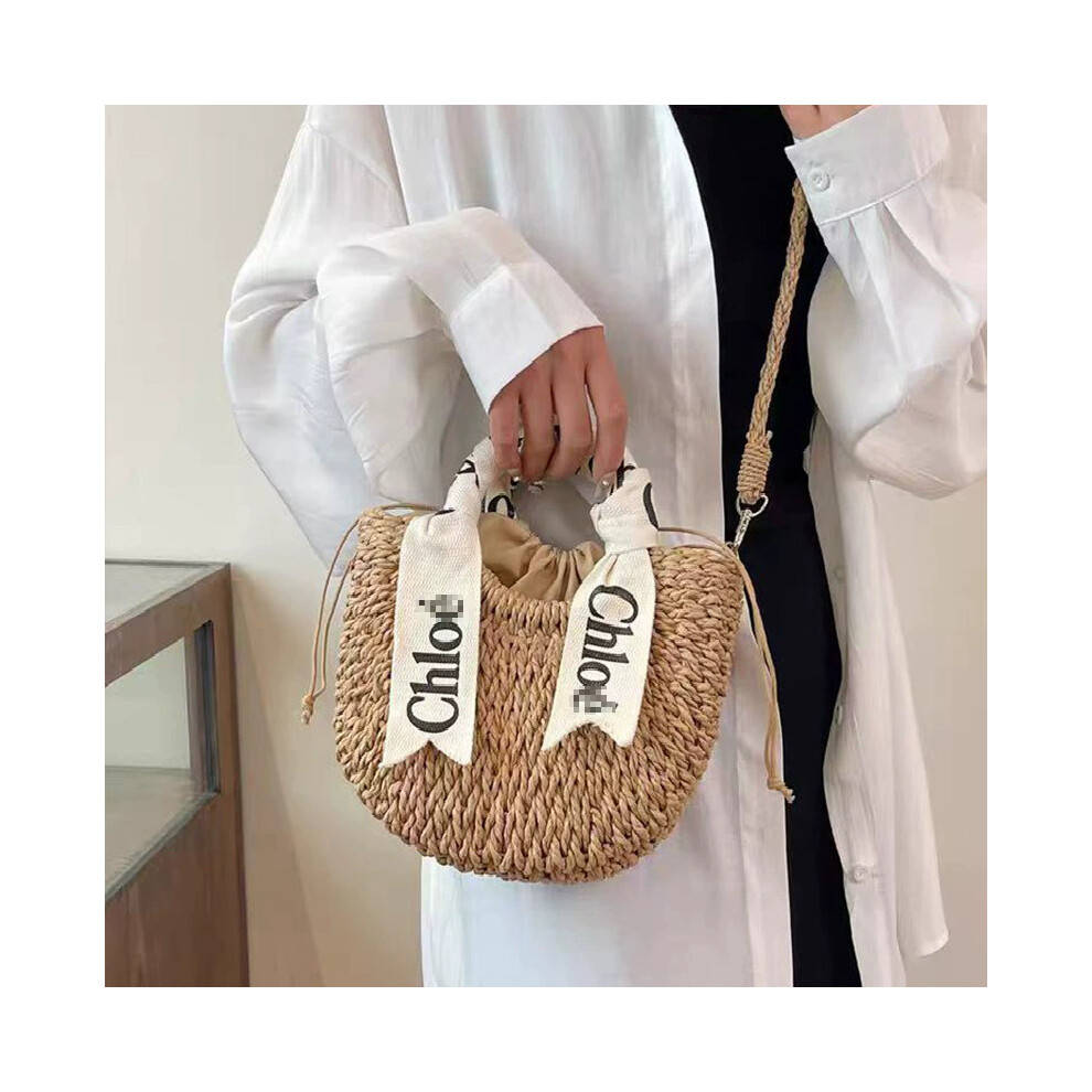 (Khaki trumpet) New one-shoulder handbag straw woven tote bag