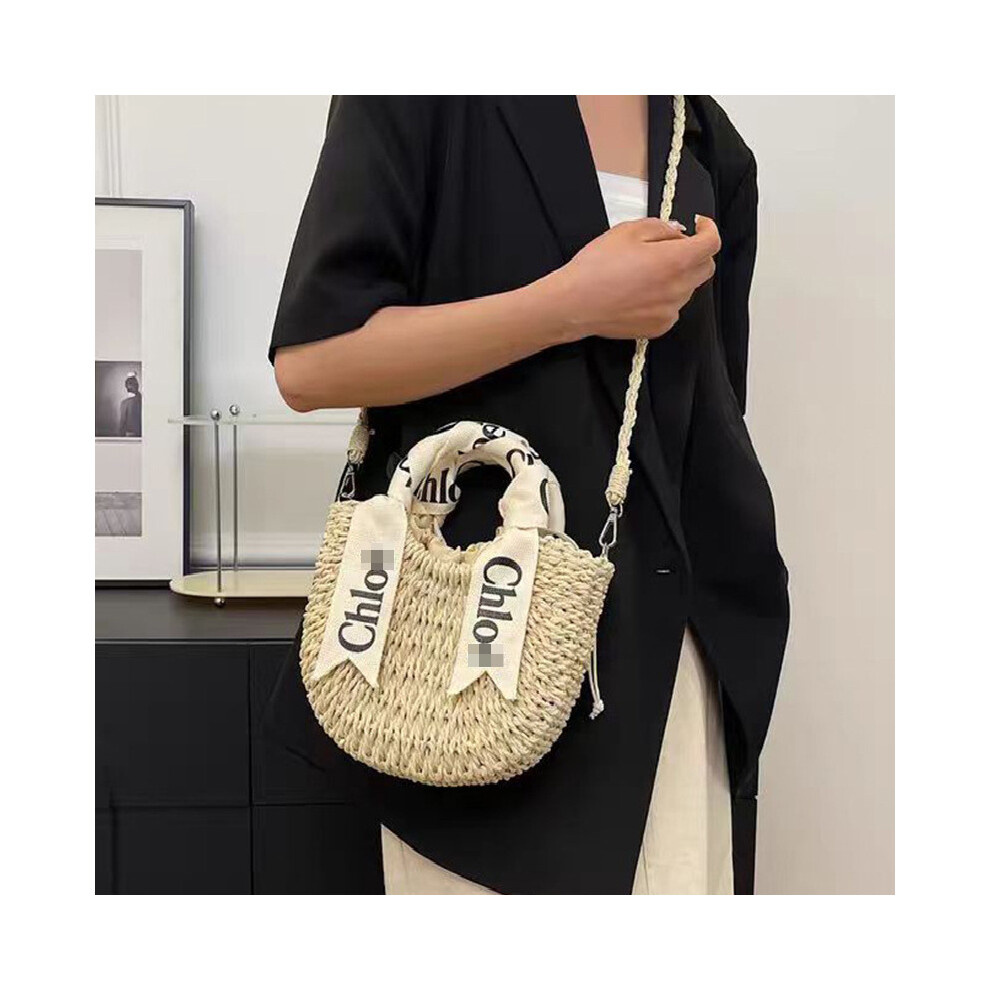 (Off-White Trumpet) New One-Shoulder Handbag Straw Woven Tote Bag Yellow