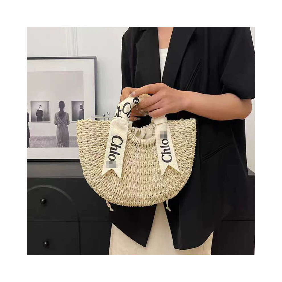 (Off-White Medium Size) New One-Shoulder Handbag Straw Woven Tote Bag Yellow