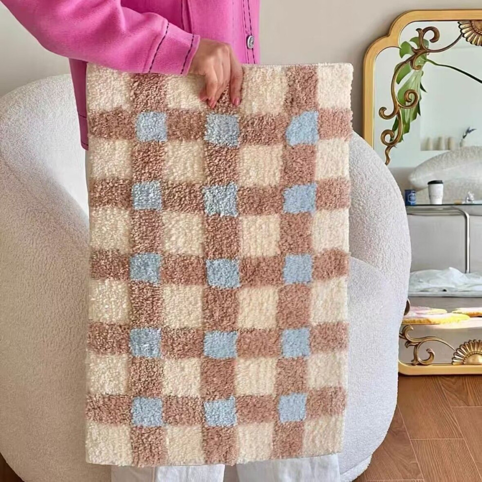 (Lattice C, 50X80cm 19.7X31.5in) Chessboard imitation cashmere household bathroom floor mat, water-absorbing, dirt-resistant and non-slip floor mat ca