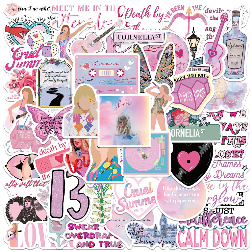 (Multicolor) 50Pcs The Eras Tour Singer Stickers Pack Diy Skateboard Motorcycle Suitcase Stationery Decals Decor Phone Laptop Pink