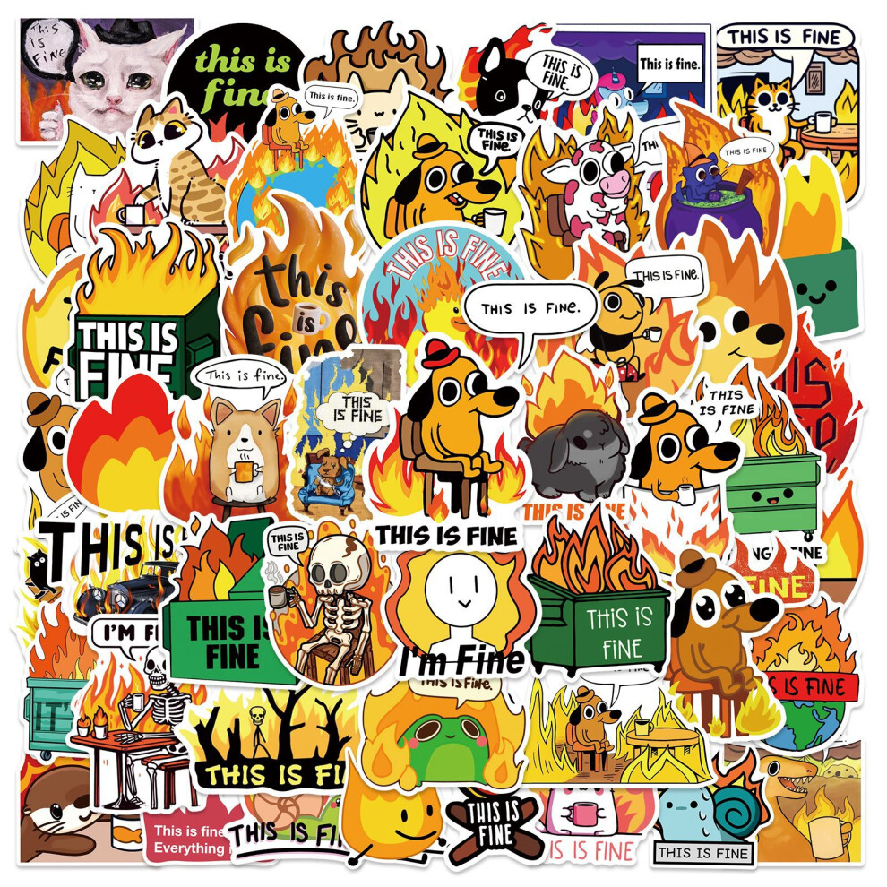 (MULTICOLOR) 50Pcs Funny This Is Fine Stickers This Is Fine MeMe DIY Sticker Scrapbooking Phone Luggage Skateboard  Waterproof Decals