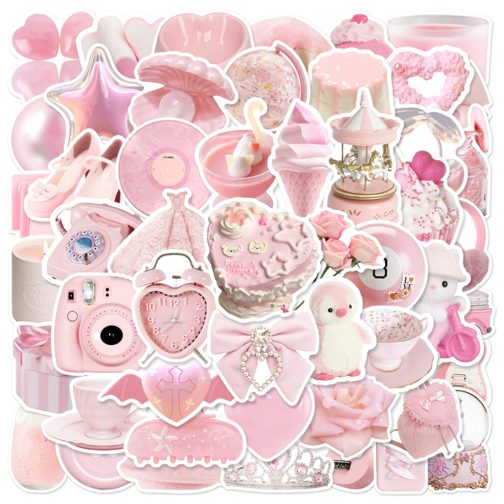 (Multicolor) 50Pcs Cartoon Kawaii Waterproof Graffiti Sticker Aesthetic Decorative Luggage Laptop Guitar Journal Scrapbook Kids Stickers Pink