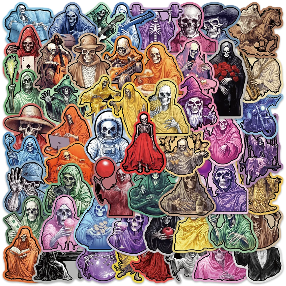 (MULTICOLOR) 50Pcs Funny Colorful Skull Stickers Cool Skeleton DIY Stickers Scrapbooking Phone Luggage Skateboard  Waterproof Decals