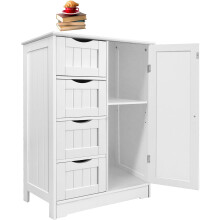 4 Drawers Floor Standing Cabinet Bathroom Storage Unit,Wooden White Free Standing Storage Cupboard Unit with 1Doors for Kitchen Bathroom Toilet