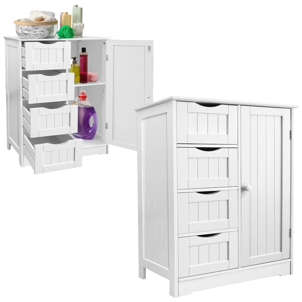 Floor Standing Cabinet Unit Bathroom Storage Cabinet with 1 Door, 4 Drawer Floor Storage Cupboard Wooden Storage Unit White Chest of Drawers