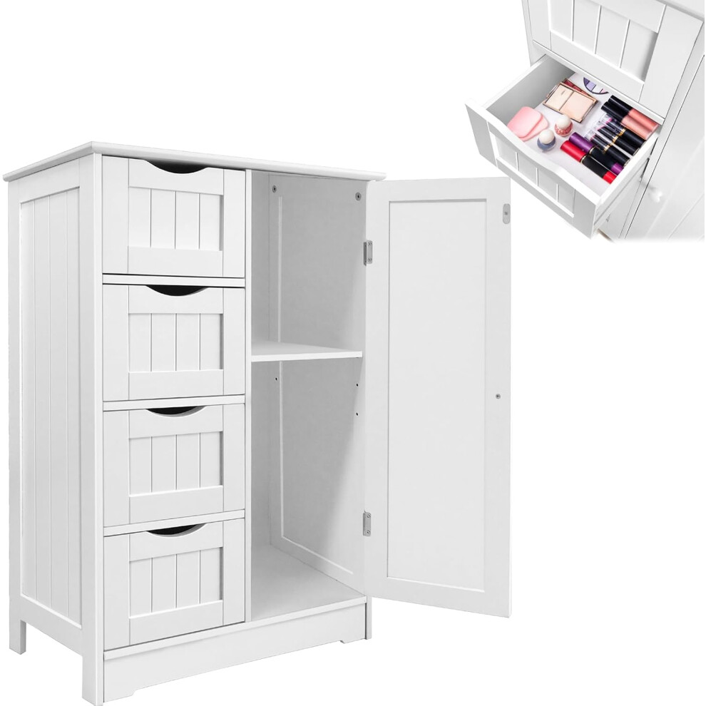Wooden Bathroom White Storage Cabinet,with 4 Drawers and Door, Bathroom Cabinet Floor Standing for Living Room, Kitchen, Bedroom