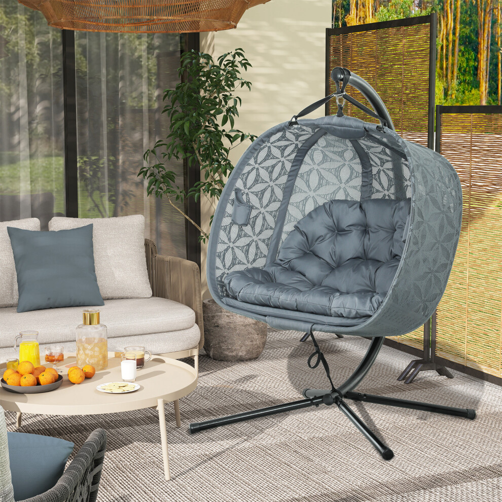 Outsunny Double Hanging Swing Chair w/ Stand & Cup Holders, Charcoal Grey