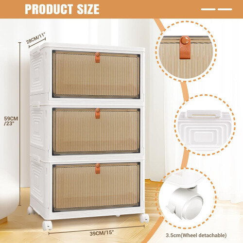 21 Liters * 3 Tier Storage Bins with Lids, Large Plastic Stackable Toy Storage Box, Foldable Storage Containers with Wheels, 39x28x59cm 1