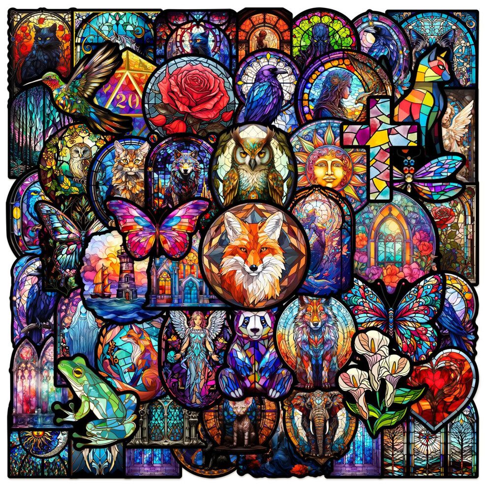 (MULTICOLOR) 50Pcs Vintage Colorful Church Glass Stickers Goth Animal DIY Stickers Scrapbooking Phone Luggage Skateboard Waterproof Decals