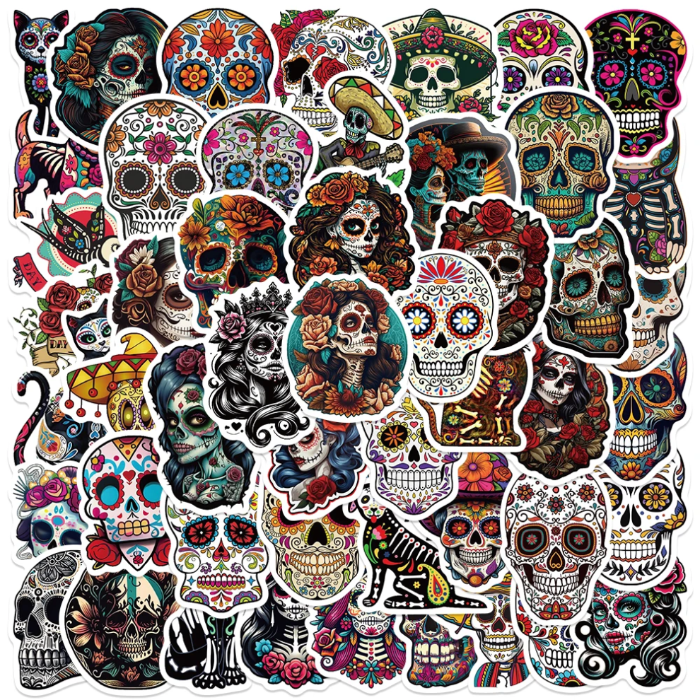 (MULTICOLOR) 50PCS Mexico Day of the Dead Flower Skull Stickers Day of the Dead DIY Stickers Scrapbooking Phone Luggage Skateboard Waterproof