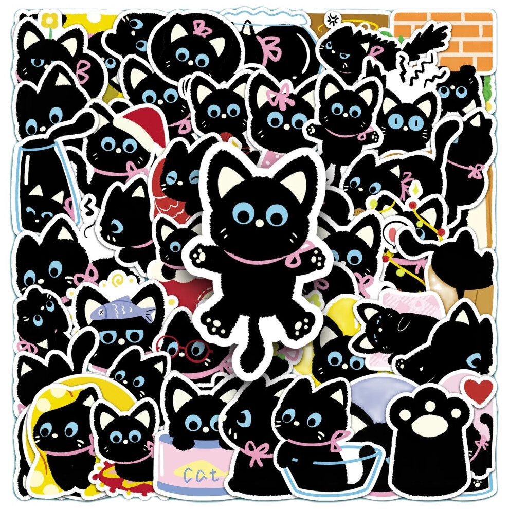 (Multicolor) 50Pcs Cute Cat Stickers Kawaii Cat Meme Diy Stickers Scrapbooking Phone Luggage Skateboard Waterproof Decals Black