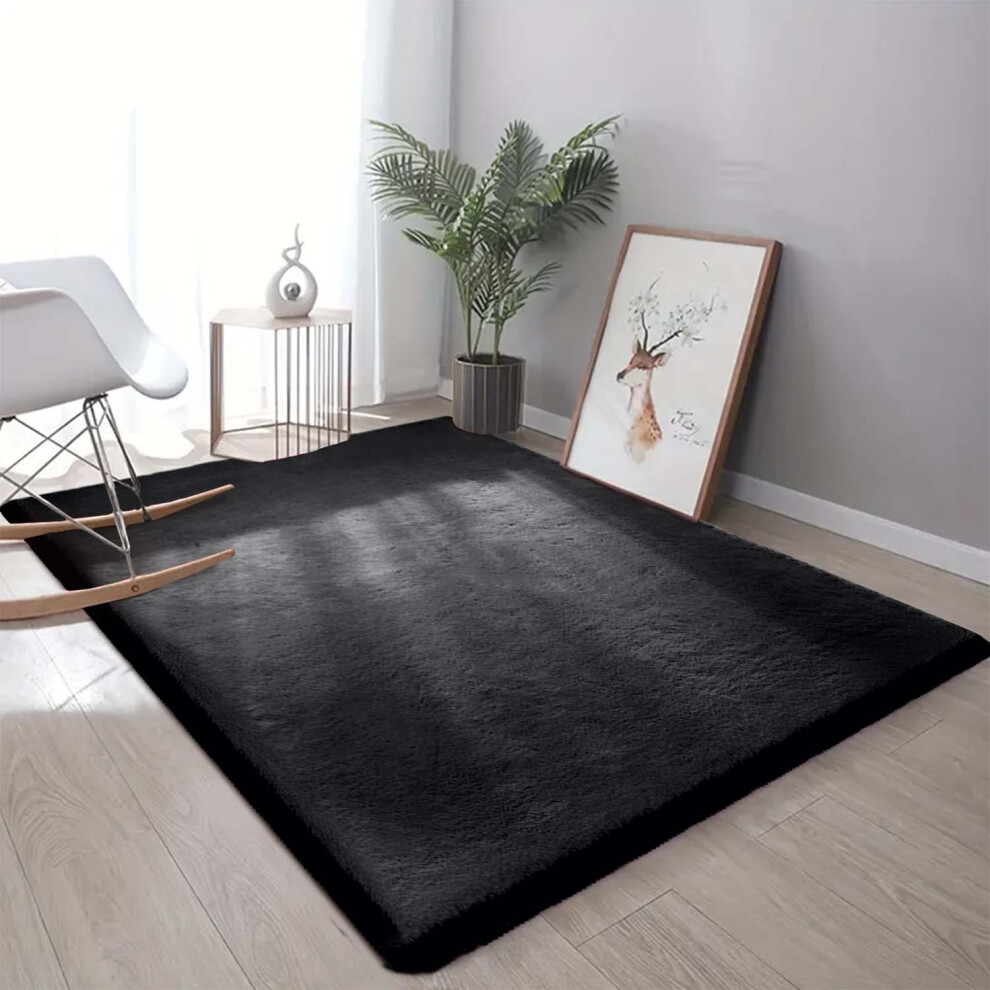 Oxford Homeware (160X230 Cm, ) Nonslip Soft Shaggy Fluffy Rugs Livingroom Bedroom Carpets Large Area Rug & Floor Door Mats Black