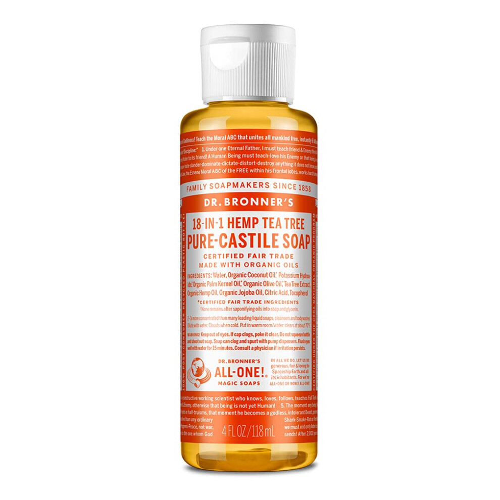 Dr. Bronner's - Pure-Castile Liquid Soap Tea Tree  4 Ounce - Made with Organic Oils  18-in-1 Uses: Acne-Prone Skin  Dandruff  Laundry  Pets and Dishes