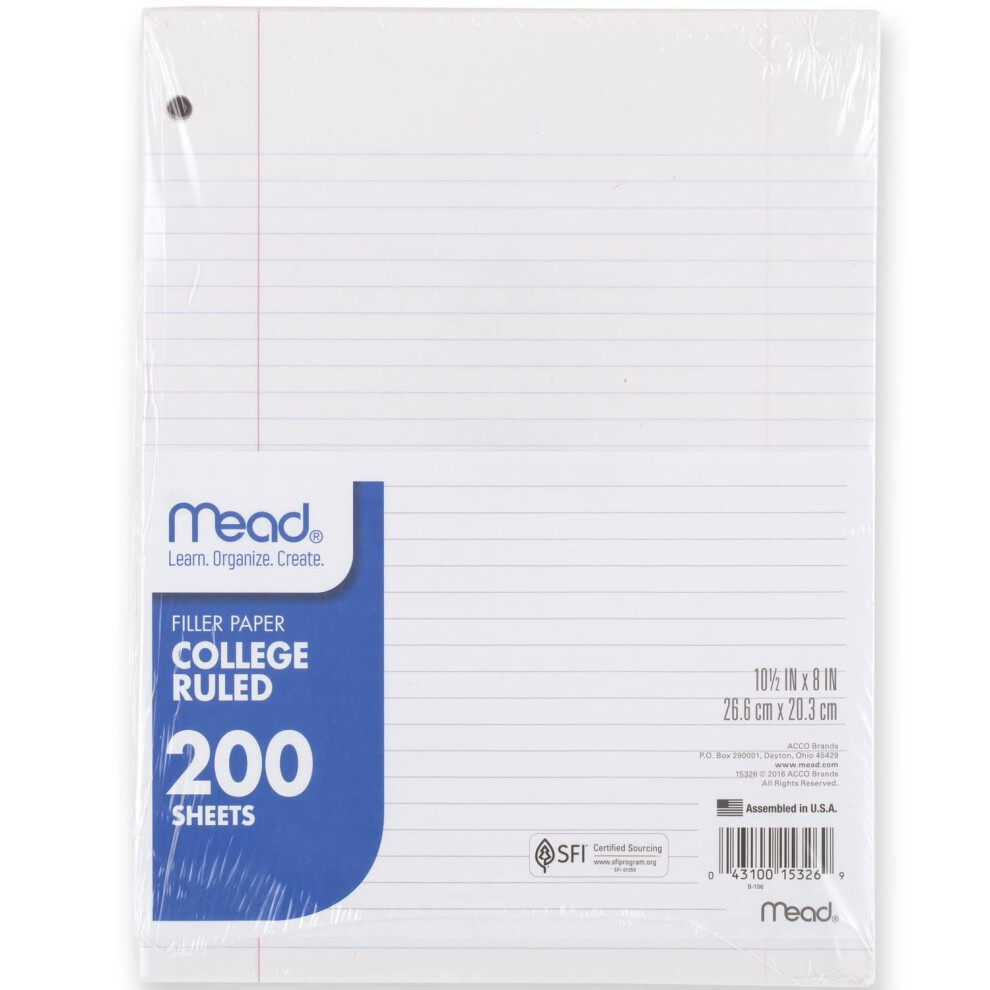 Mead Loose Leaf Paper Notebook Paper College Ruled Filler Paper Standard 8 x 10.5 200 Sheets (15326) White