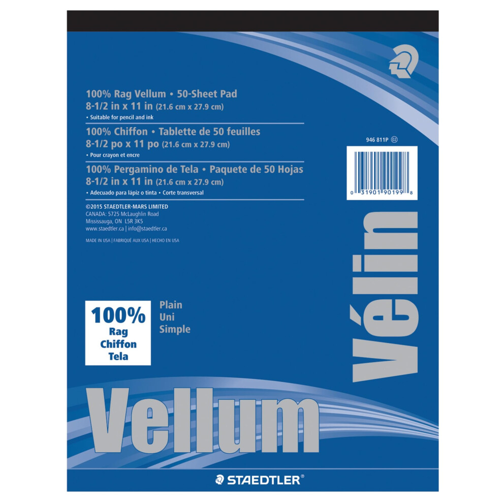 STAEDTLER Mars Vellum Paper 16# Rag 8.5 x 11 Inches Plain 50 Sheets per Pad 946811P