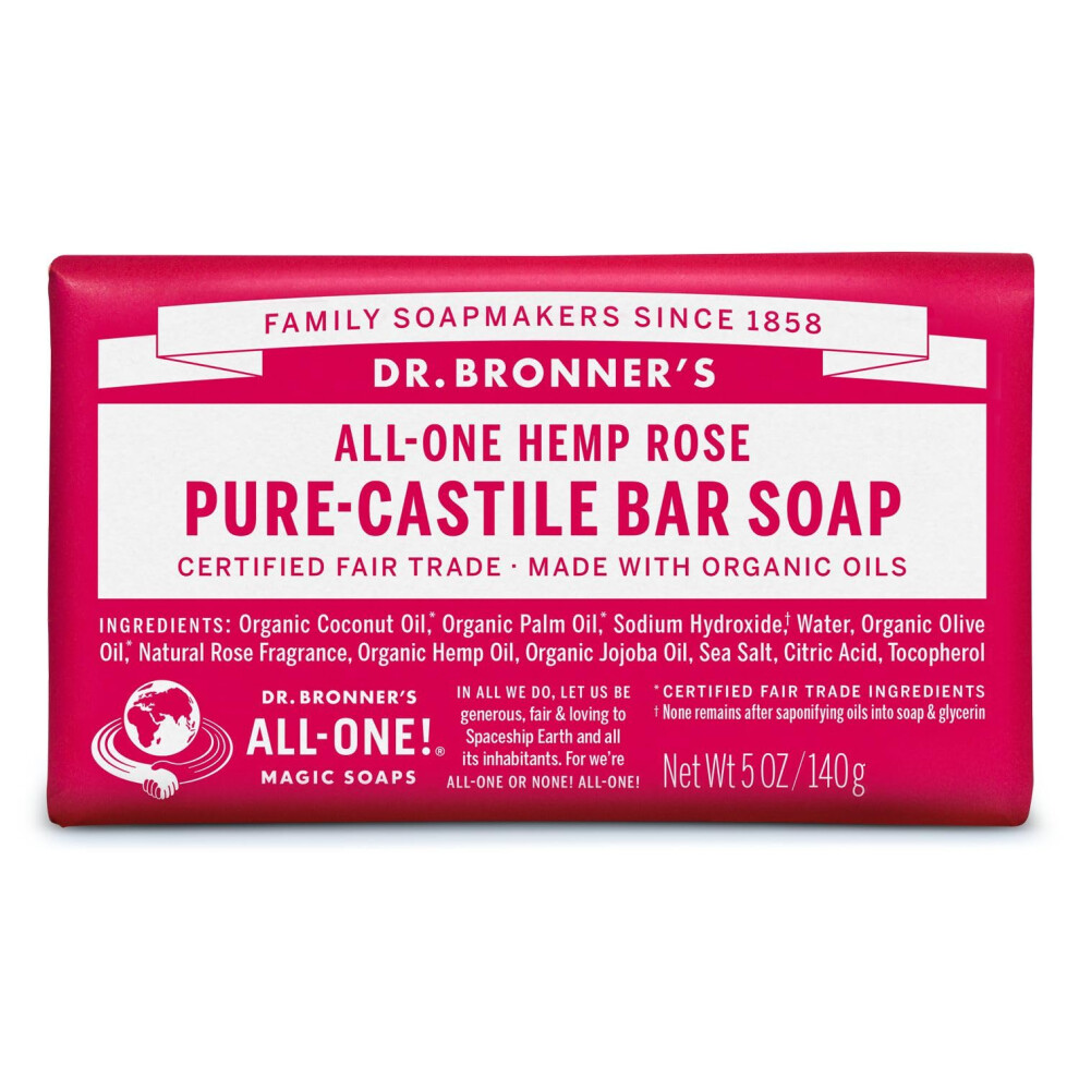 Dr Bronners - Pure-castile Bar Soap Rose  5 ounce - Made with Organic Oils  For Face  Body and Hair  gentle and Moisturizing  Biodegradable  Vegan  cr