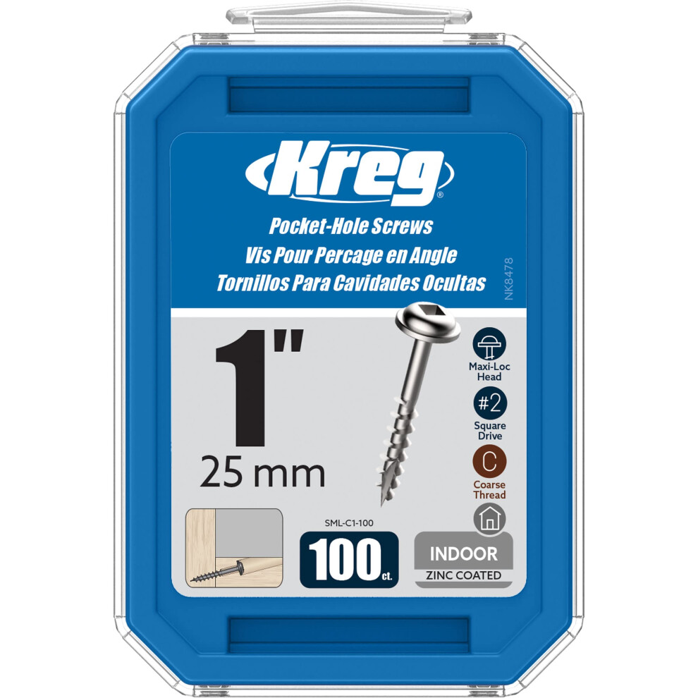 Kreg SML-C1-100 Zinc Pocket Screws  1 Inch #8 Coarse Thread  Maxi-Loc Head 100 Count