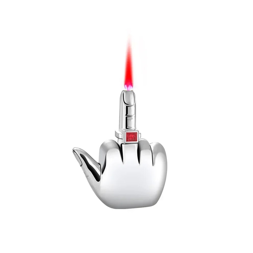 (Sliver) Funny Middle Finger Torch Lighter with Fuk You Voice Windproof Jet Flame Lighters Smoking Accessories Refillable Butane Lighter