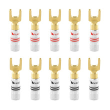 (10 Pcs (5-Pairs)) Nakamichi Excel Series 24k Gold Plated Spade Banana Plug 12-18 AWG Gauge Size 4mm for Speakers Amplifier Hi-Fi Audio Stereo Cable Wire Connector