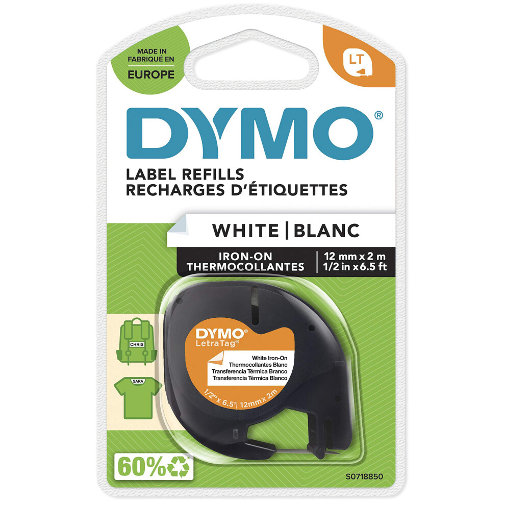 DYMO LetraTag Iron-On Fabric Labels | Authentic | 12 mm x 2 m Roll | Black Print on White | Iron-On Clothing Labels for LetraTag Printers