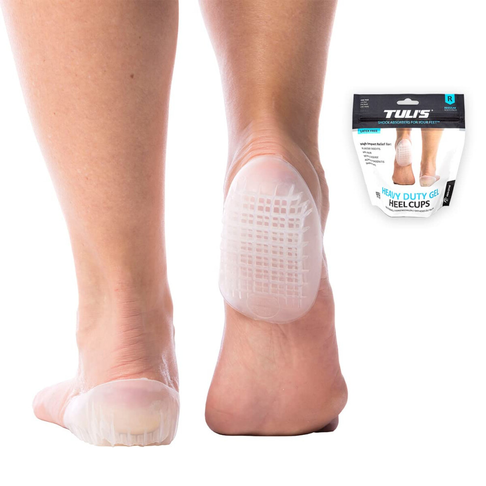 Tuli's Heavy Duty Gel Heel Cups Cushion Insert For Shock Absorption Plantar Fasciitis Severs Disease And Heel Pain Relief Made In Usa Regular 1